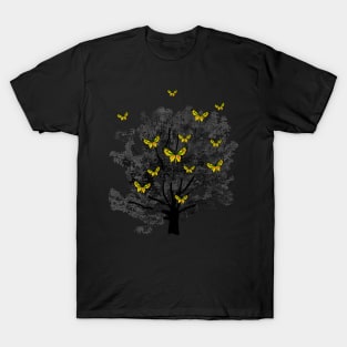 Yellow Butterflies in Silhouette Tree T-Shirt